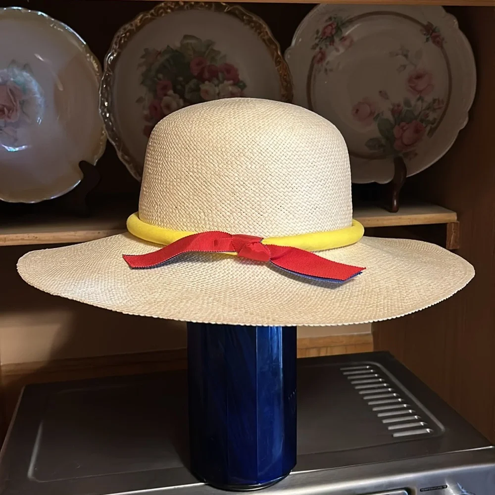 Women’s Beautiful Beach Basket Weave wide rim Hat with yellow ribbon on rim - Picture 4 of 6
